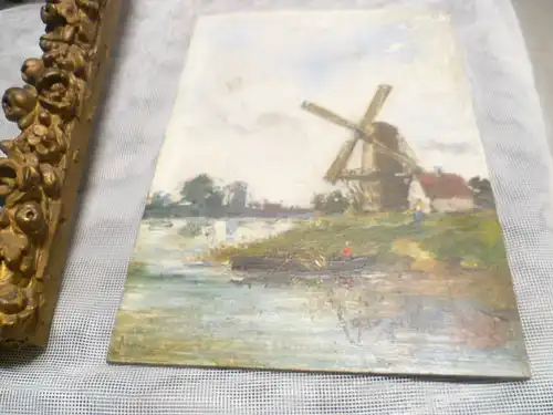 Ruel Leon Französischer Impressionist XIX -XX  Impressionistische Landschaft mit Fischer und Mühle am Meer um 1870 Kleinformat