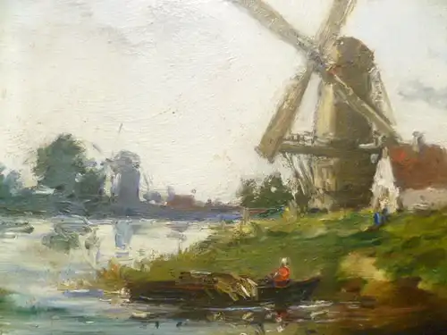 Ruel Leon Französischer Impressionist XIX -XX  Impressionistische Landschaft mit Fischer und Mühle am Meer um 1870 Kleinformat