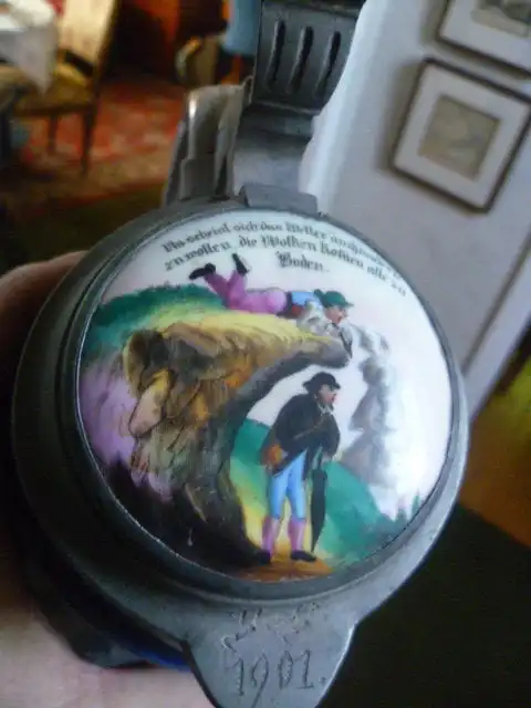 Westerwälder Mittelfranken Ritzkanne Meisterstempel Ernst Schlosser 91522 Ansbach um 1870 später 1901 Porzellaneinlage Sinnspruch datiert 1