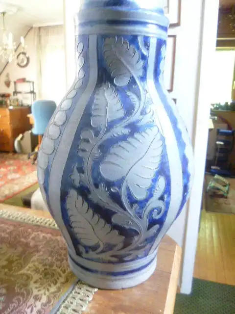 Westerwälder Mittelfranken Ritzkanne Meisterstempel Ernst Schlosser 91522 Ansbach um 1870 später 1901 Porzellaneinlage Sinnspruch datiert 3