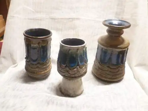 Rosemarie Gläser Designerin bei Strehla  hier Strehla Keramiken Space Ära um 1960-70 Blautöne 3 Stück Konvolut STREHLA Keramik Vase DDR / GDR