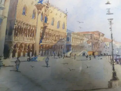 Watercolor Andrea Biondetti 1851 - 1946 "Venice, Riva Degli Schiavoni and the Doge's Palace" Watercolor signed: A Biondetti