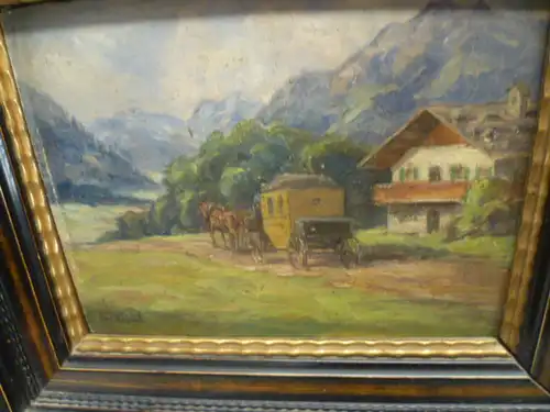 L. Fürst Maler XIX " Eine Postkutschenstation" signiert um 1880 kleines Ölgemälde auf Holz gemalt