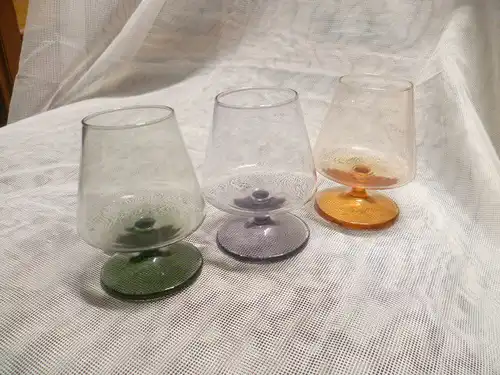 Süssmuth Glasmanufaktur um 1950-60 er Jahre Vintage ! 3Stück Likörgläser  konische Form in grau orange und blau  aus den 1960 Jahren