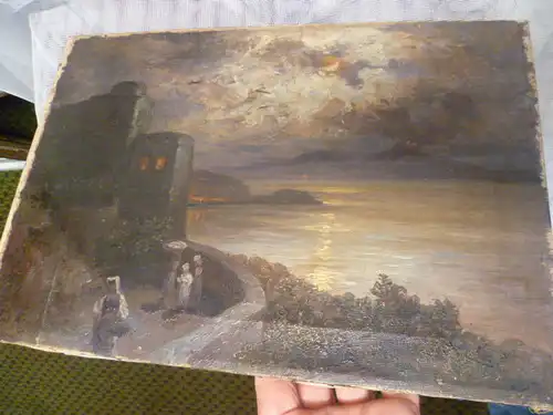 Ölgemälde  Julius Kruchen   Strand in der Nähe von Poselippo bei Nacht rechts speiender Visuv  Ölgemälde