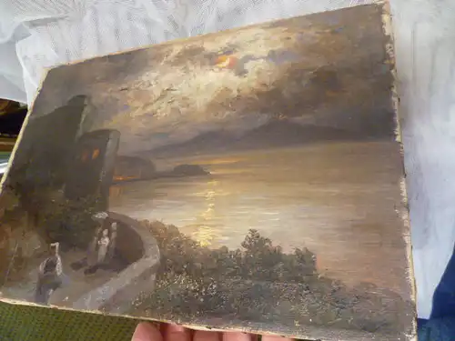 Ölgemälde  Julius Kruchen   Strand in der Nähe von Poselippo bei Nacht rechts speiender Visuv  Ölgemälde