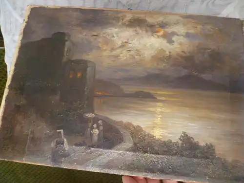 Ölgemälde  Julius Kruchen   Strand in der Nähe von Poselippo bei Nacht rechts speiender Visuv  Ölgemälde