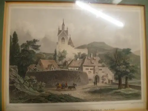 Poppel Joh.Fried.Poppel 1807-1882 Baden Baden Ebersbach Kutschen Ausfahrt vor dem Eberstein Schloss Ebertstein Baden Baden  Farb. Stahlstich