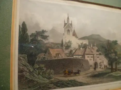 Poppel Joh.Fried.Poppel 1807-1882 Baden Baden Ebersbach Kutschen Ausfahrt vor dem Eberstein Schloss Ebertstein Baden Baden  Farb. Stahlstich