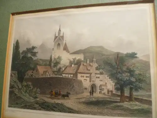 Poppel Joh.Fried.Poppel 1807-1882 Baden Baden Ebersbach Kutschen Ausfahrt vor dem Eberstein Schloss Ebertstein Baden Baden  Farb. Stahlstich