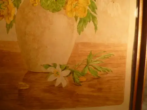 Goller Hedwig 1920 -? "Margariten in Vase stehen auf einem Tisch" detailliert naturalistisch ausgeführtes  Aquarell links  sig H.Goller 1959