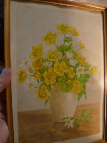 Goller Hedwig 1920 -? "Margariten in Vase stehen auf einem Tisch" detailliert naturalistisch ausgeführtes  Aquarell links  sig H.Goller 1959
