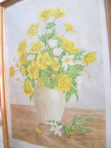 Goller Hedwig 1920 -? "Margariten in Vase stehen auf einem Tisch" detailliert naturalistisch ausgeführtes  Aquarell links  sig H.Goller 1959
