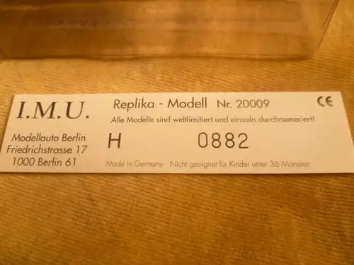 I.M.U Modell  ,   Nr. 20009 (Wiking Replika) Limitiert hier Nr. 882 im Maßstab 1/87,  aus Sammlung,  Original Verpackt unbespielt