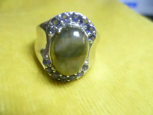 Labradorit + Transanit besetzter Ring 925 Juwelierware aus 1970 Vintage