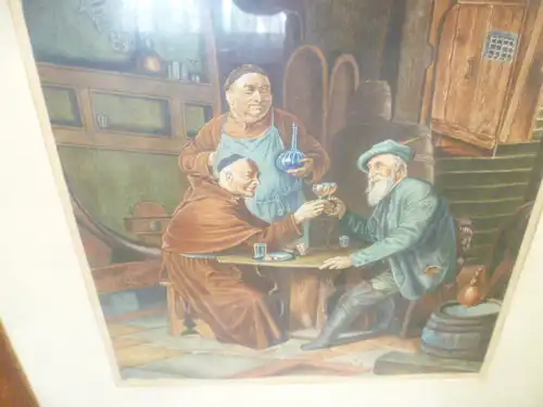 Im Gewölbekeller an einem Tisch sitzend Mönch , Weinbauer und ein Jägersmann beim Trinken" In der Art Eduard von Grützner oder Otto Kirchner