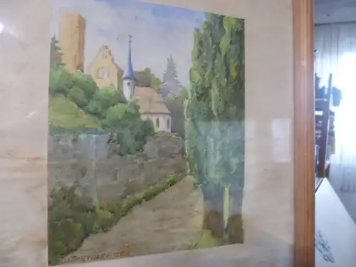 Aufgang zum Schloss Ehrenberg bei Heinsheim am Neckar , Aquarell signiert Duttenberg um 1930