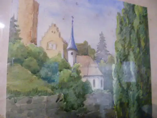 Aufgang zum Schloss Ehrenberg bei Heinsheim am Neckar , Aquarell signiert Duttenberg um 1930
