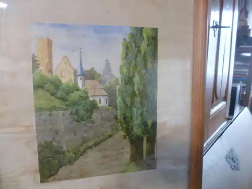 Aufgang zum Schloss Ehrenberg bei Heinsheim am Neckar , Aquarell signiert Duttenberg um 1930