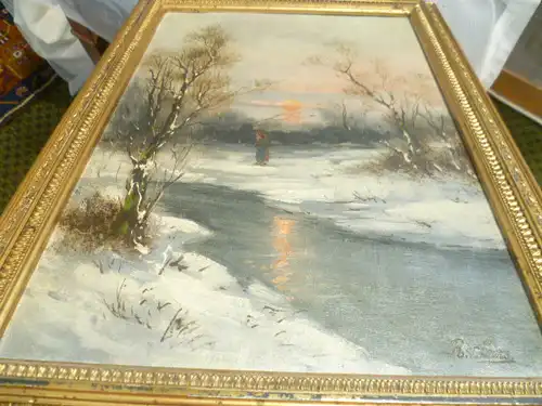 Karl KAUFMANN 1843-1902-05 welcher viele Psydonyme  hier R.v.Leens " Winterlandschaft Reißigsammlerin an einem Bach " sig. datiert 1908