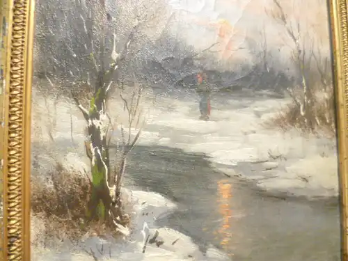 Karl KAUFMANN 1843-1902-05 welcher viele Psydonyme  hier R.v.Leens " Winterlandschaft Reißigsammlerin an einem Bach " sig. datiert 1908