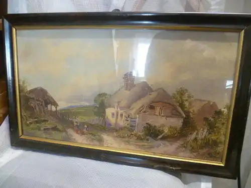 Karl Kaufmann 1843-1905 " Sorrent Bauernhaus mit Blick auf den Golf von Neapel mit spielenden Kindern  bedeutendes Aquarell!