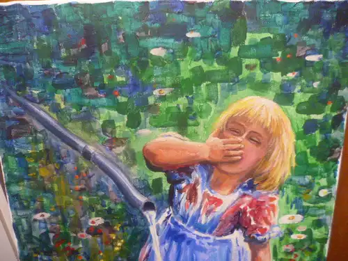 Nowak Rudi Artist's name also Runo here "Girl at the well drinking from her hand"signed Runo and 76 for the year 1976 Impressionist painting