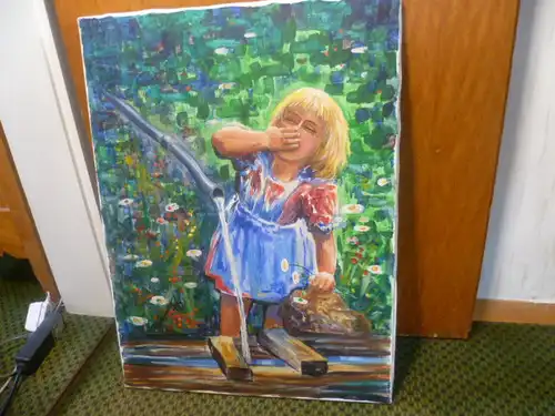 Nowak Rudi Artist's name also Runo here "Girl at the well drinking from her hand"signed Runo and 76 for the year 1976 Impressionist painting