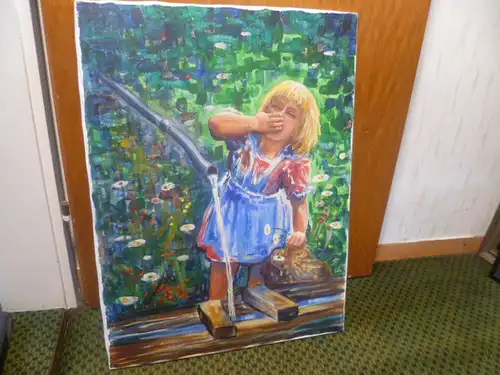Nowak Rudi Artist's name also Runo here "Girl at the well drinking from her hand"signed Runo and 76 for the year 1976 Impressionist painting