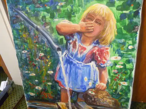 Nowak Rudi Artist's name also Runo here "Girl at the well drinking from her hand"signed Runo and 76 for the year 1976 Impressionist painting