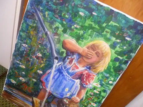 Nowak Rudi Artist's name also Runo here "Girl at the well drinking from her hand"signed Runo and 76 for the year 1976 Impressionist painting