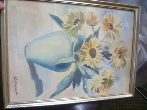 Julie Schimmel Malerin XX "Silberdisteln in einer Vase " Aquarell signiert Vintage 1950 er