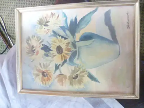 Julie Schimmel Malerin XX "Silberdisteln in einer Vase " Aquarell signiert Vintage 1950 er