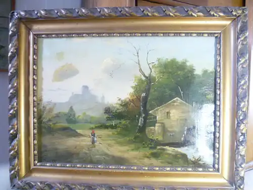Impressionistisches kleinformatiges Landschaftsgemälde = Ideallandschaft Reisigsammlerin an einer Mühle ,Hintergrund Burganlage  France 1870
