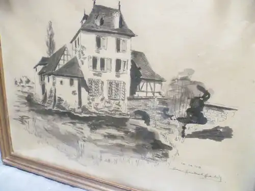 Wasserburg Ansicht wohl Hohenlohe oder Süddeutsch Tuschfederzeichnung Aquarelliert signiert Hans Herbert Hachl ?