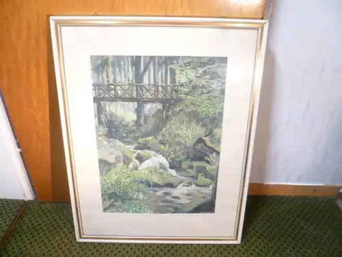 Thoma Sepp 1883-1963 Romantischer Wildbach mit Holzbrücke im Schwarzwald Naturdarstellung !