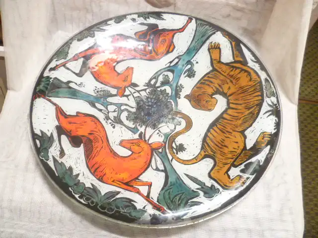 Glas Design Künstlerteller signiert MC  Jagdmotive  Vintage 1970 er  1