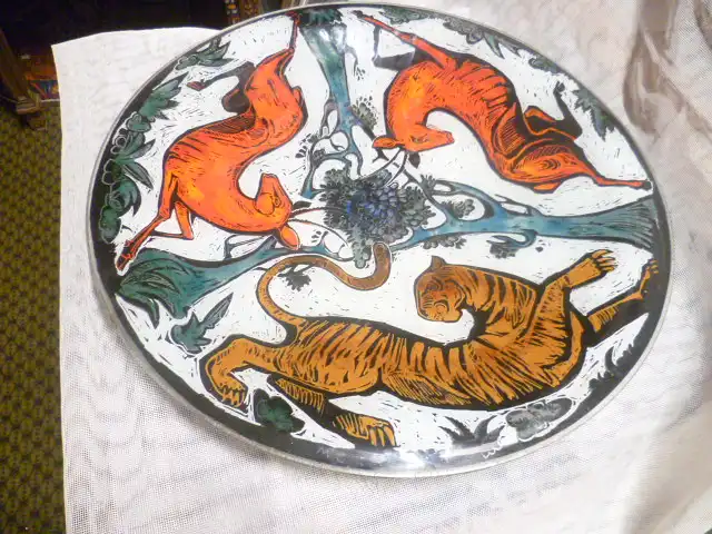 Glas Design Künstlerteller signiert MC  Jagdmotive  Vintage 1970 er  4