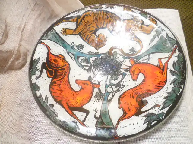 Glas Design Künstlerteller signiert MC  Jagdmotive  Vintage 1970 er  5