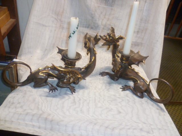 Bronze Leuchterpaar in Drachenform teilweise vergoldet Art Deko um 1920