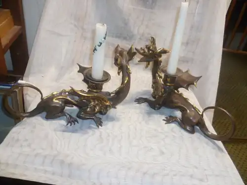 Bronze Leuchterpaar in Drachenform teilweise vergoldet  Art Deko um 1920-35