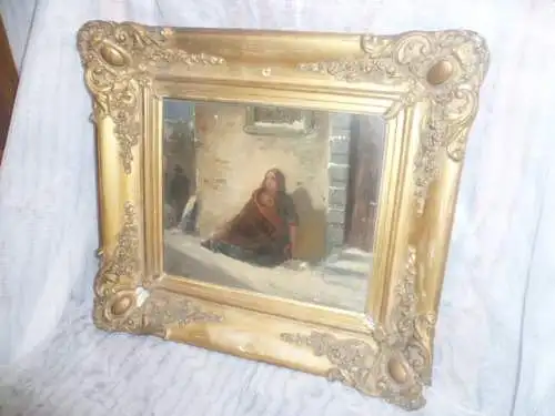 Geradus Arnoldus Johannes Post 1826-1879  Frühwerk mit 20 Jahren !!" Winter Bettlerin mit ihrem Kind " Öl auf Holz signiert u 1846 datiertes Kleinformat