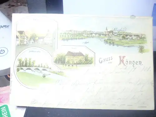 [Lithographie] Köngen  um1899 Litho Rathaus Schloß Neckarbrücke
gelaufen. 