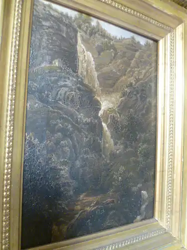 Rieter Heinrich 1751Winterthur- 1818 Bern kleinformatiges Ölgemälde " Der Reichenbachfall bei Schattenhalb im Kanton Bern " Ausstellungsnr. 23 