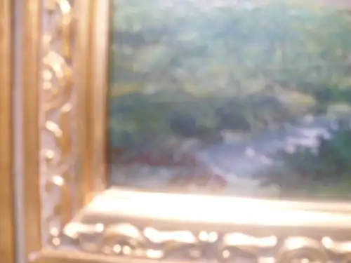 Mohlett T   Romantisches  kleinformatiges Ölgemälde  " Dorfidylle im Fuhrwerk und kleinem Bachlauf   Miniaturhaft und sehr detailliert gemalt ! signiert T Mohlett ,datiert 1903 