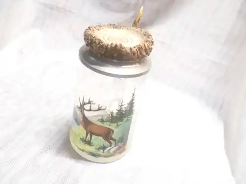 Historismus 1880-1900 Jägerkrug  Zinndeckel mit Hornrose und Hirsch in Landschaft vor einem Gebirgssee