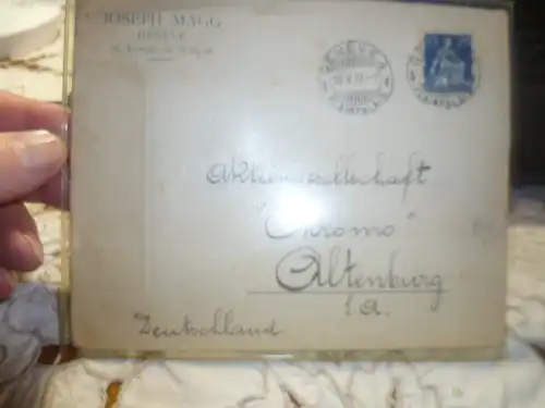 [Ansichtskarte] Brief  an Aktiengesellschaft Chroma Altenburg S.a 
von : joseph Magg Genve 
gelaufen Genve 4  Ainpalais  1919 
verso Stempel : Militärischerseits unter Kriegsrecht geöffnet Überwachungsstelle d. XVIII.A.-K   Frankfurt a. Main. 