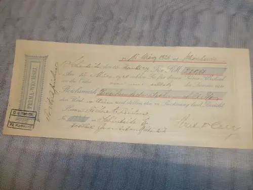   Prima-Wechsel  D. u Nat.BK Fil Karlsruhe   von ppa . Carlo Pacchetti & Cie Gesellschaft  ausgestellt 1928 Schönheide 218,61 Reichsmark