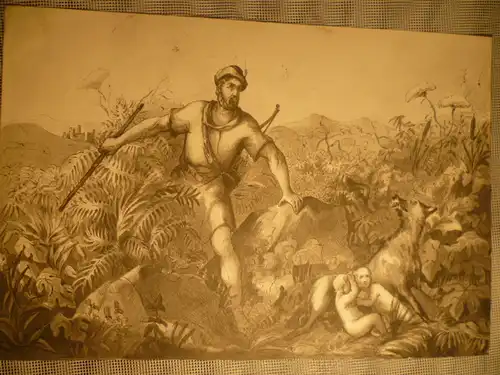 Katzler Vincenz 1823 -188 " Romulus und Remus, die Gründer Roms werden von der Wölfin gesägt und gerade von einem Edelmann entdeckt " Wien Tuschfederzeichnung