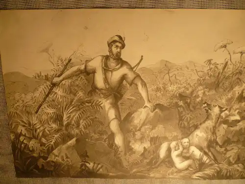 Katzler Vincenz 1823 -188 " Romulus und Remus, die Gründer Roms werden von der Wölfin gesägt und gerade von einem Edelmann entdeckt " Wien Tuschfederzeichnung